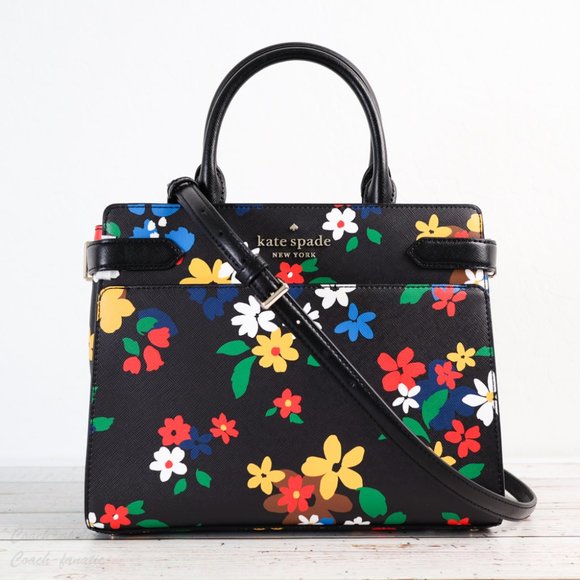 Kate Spade Staci Sailing Floral Medium Satchel Crossbody Black Multi Flower  Bag 